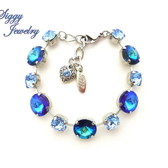 SEQUANA Blue Crystal Bracelet in Bermuda Blue and Light Sapphire, 12mm 8mm Mix - Picture 1 of 6